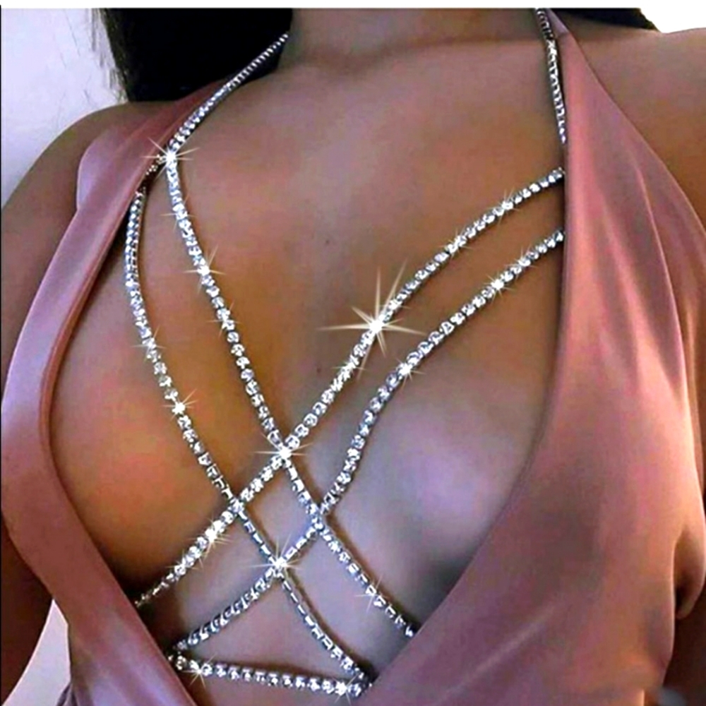 Silver tone Boho Body Chain Rhinestone Bikini Bra